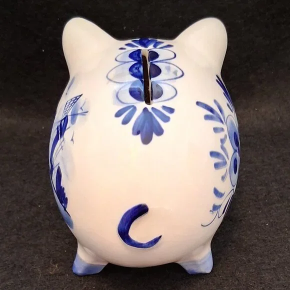 Vintage Hand Painted Delfts Blue Pottery Piggy Bank/Dutch Windmill Design/w+Cork - Picture 5 of 9